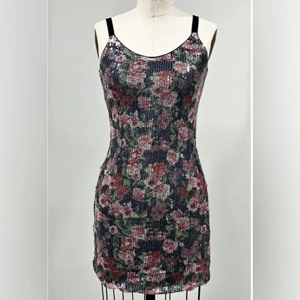 AQUA Black Floral Print Mini Dress Women’s Size S Pink Roses Sequin Sparkly